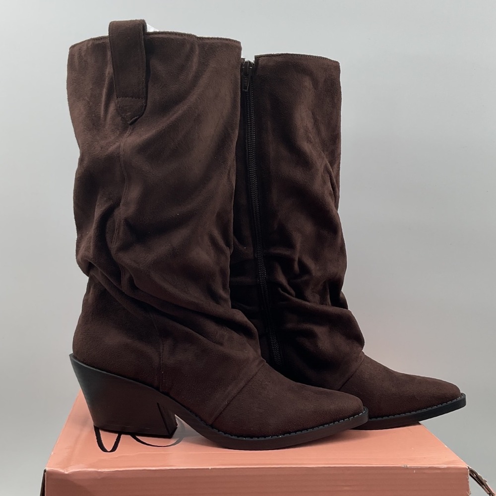 Wild pair Brown Faux Suede Slouchy Mid Calf Boots Pointed Toe LUHZF Size 8M